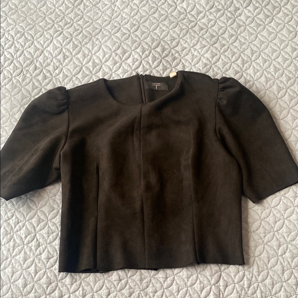 Tahari  Faux Leather Black Fitted Boxy Blouse